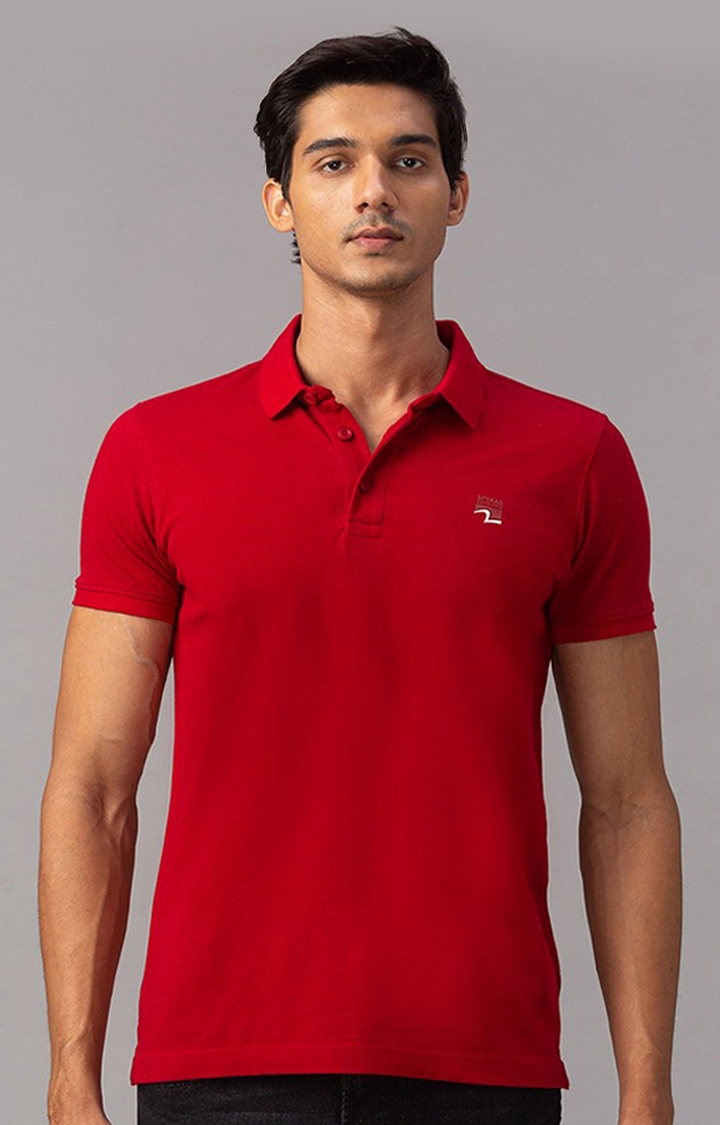 spykar | Spykar Red Cotton Slim Fit Polo T-Shirt For Men 0