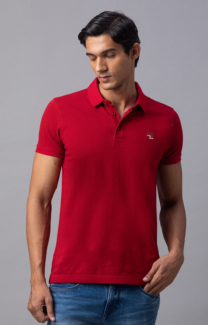 spykar | Spykar Red Cotton Slim Fit Polo T-Shirt For Men 4