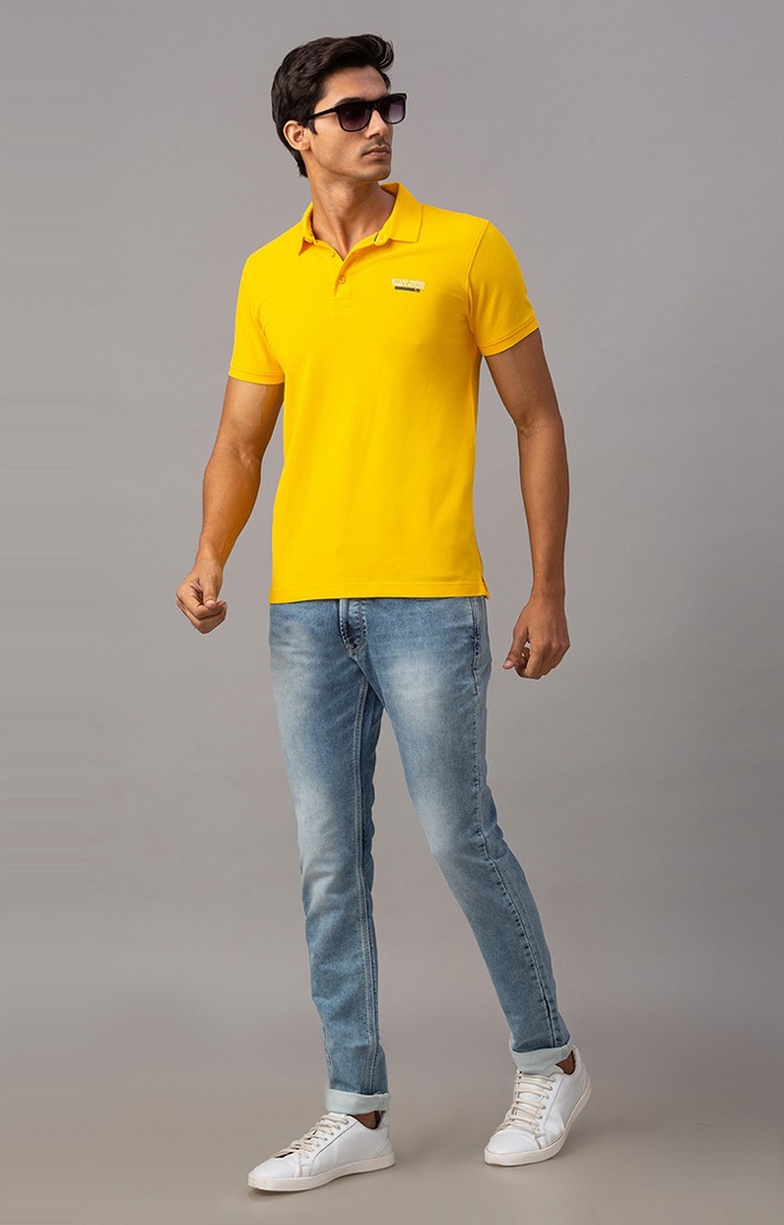 spykar | Spykar Yellow Cotton Slim Fit Polo T-Shirt For Men 1