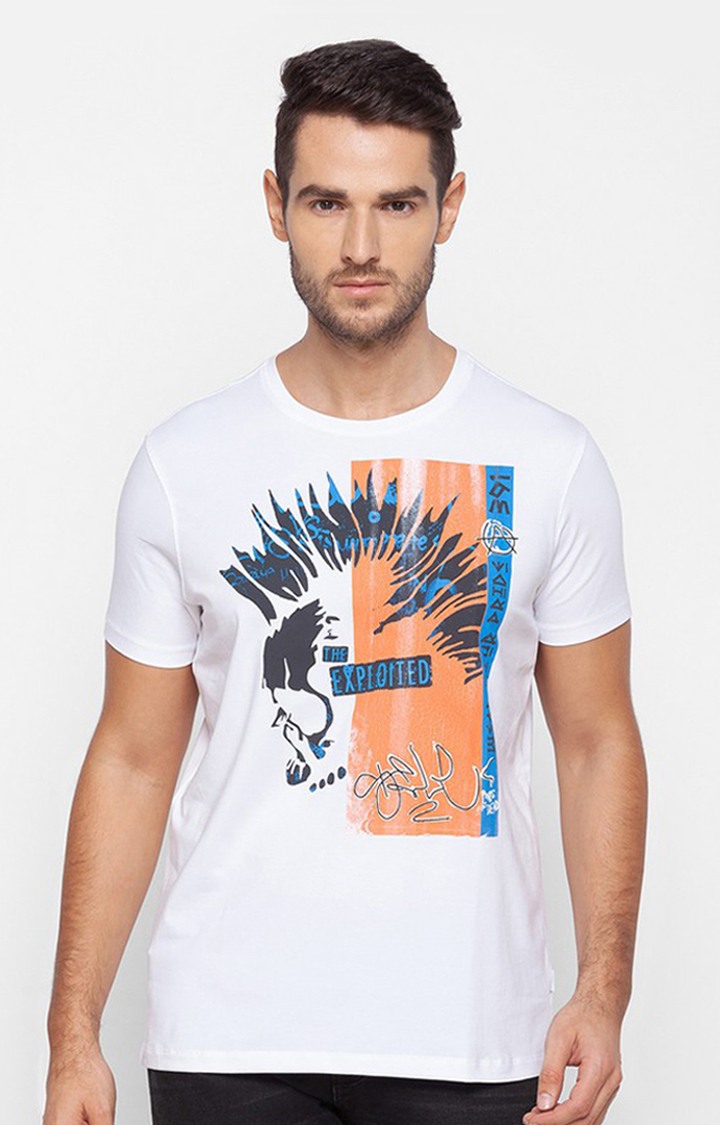 Spykar White Cotton Slim Fit T-Shirt For Men