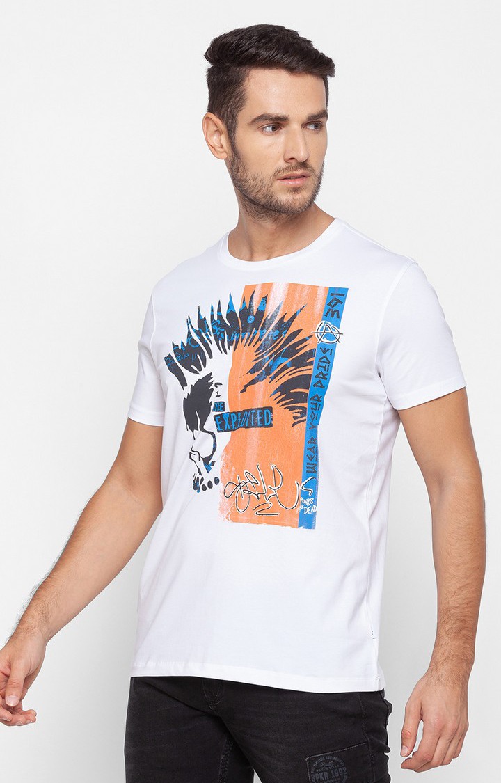 Spykar White Cotton Slim Fit T-Shirt For Men