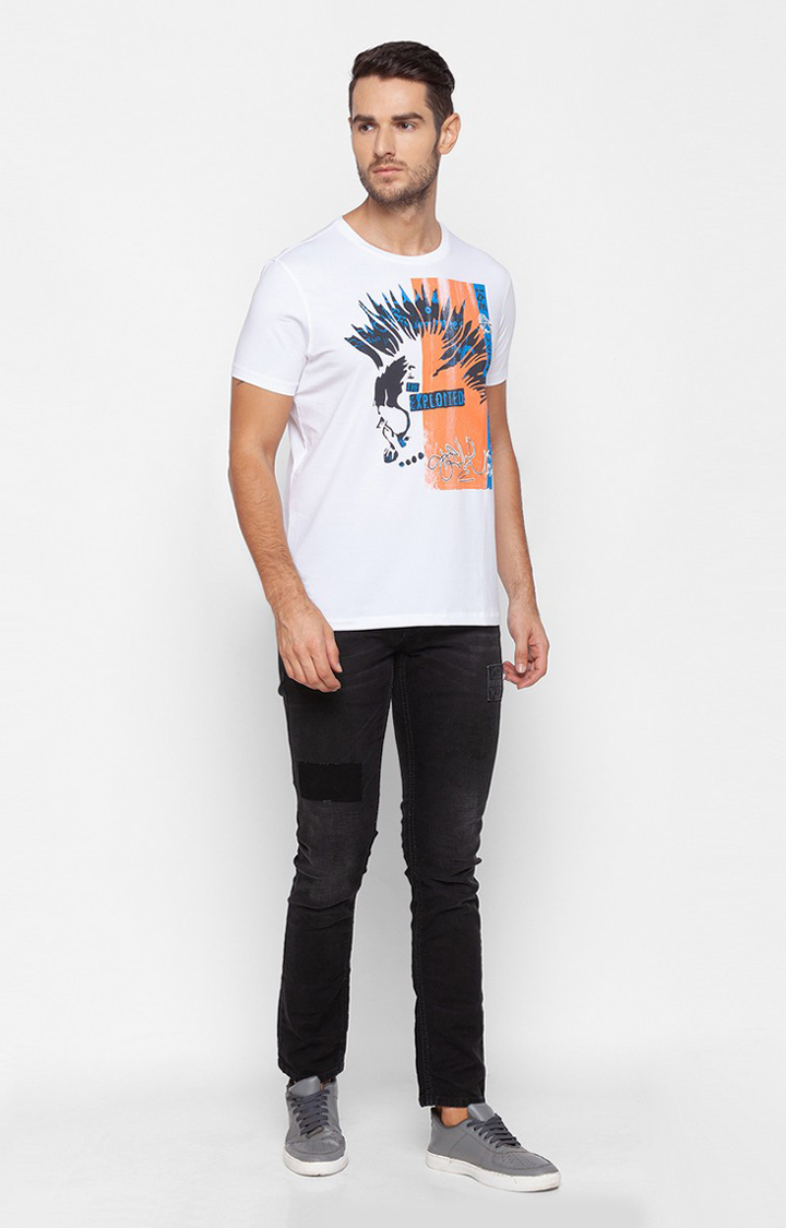 Spykar White Cotton Slim Fit T-Shirt For Men