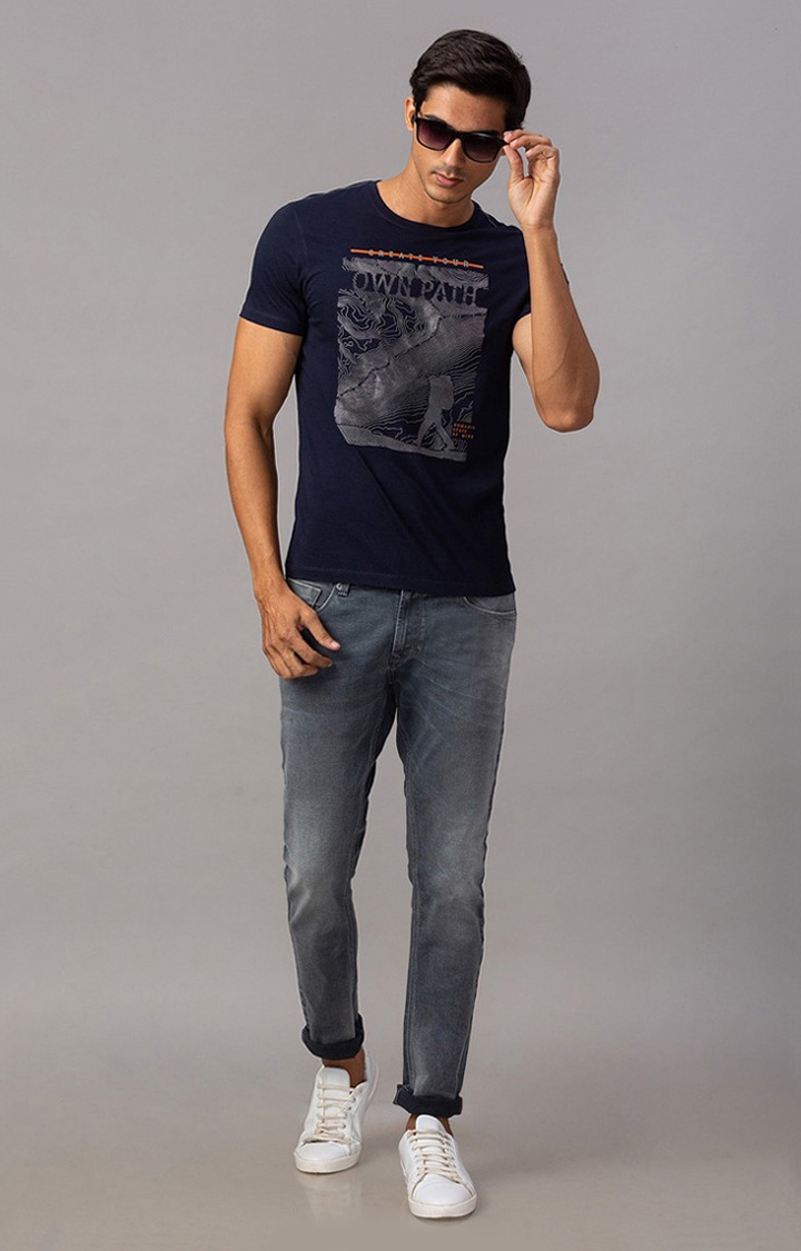 Spykar | Spykar Blue Cotton Slim Fit T-Shirt For Men 1