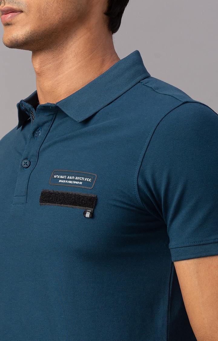 Spykar Blue Cotton Slim Fit Polo T-Shirt For Men
