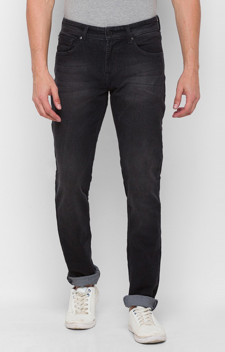 spykar | Men's Black Cotton Solid Tapered Jeans 0
