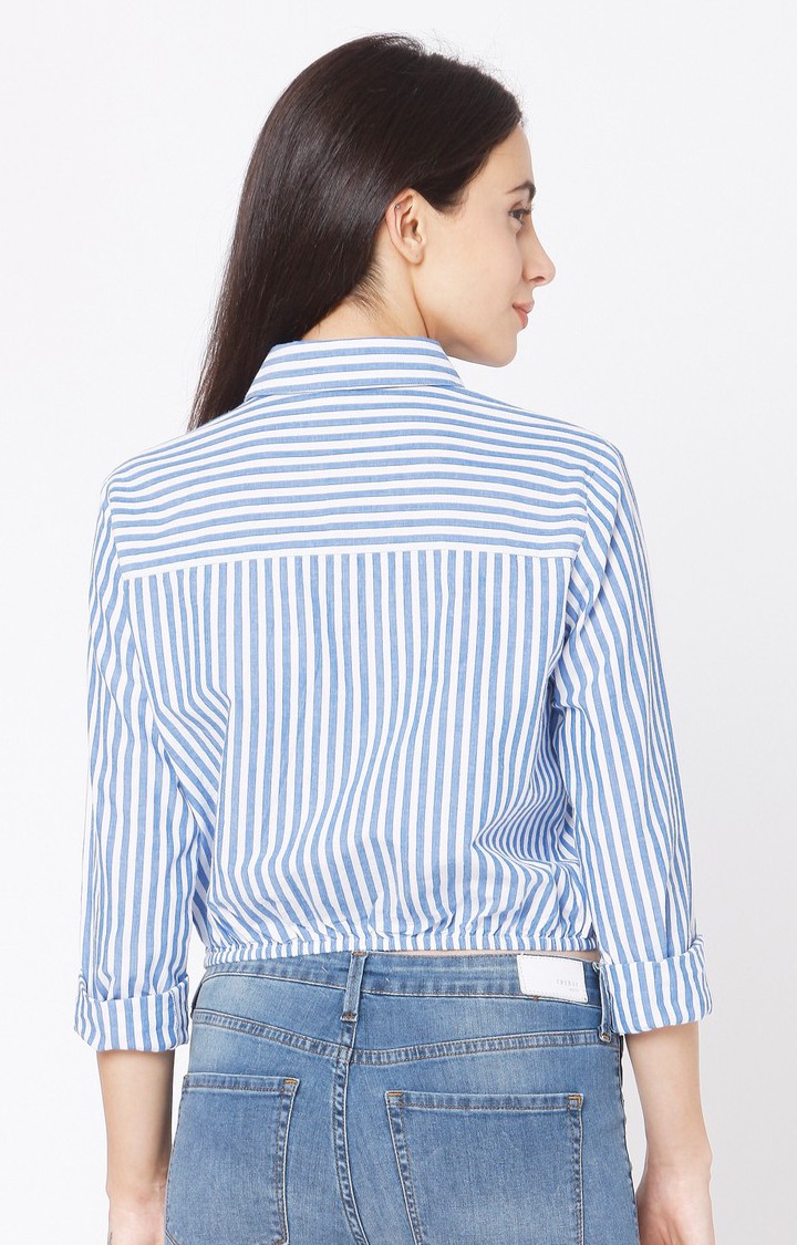 Women's Blue Cotton Striped Casual Shirts