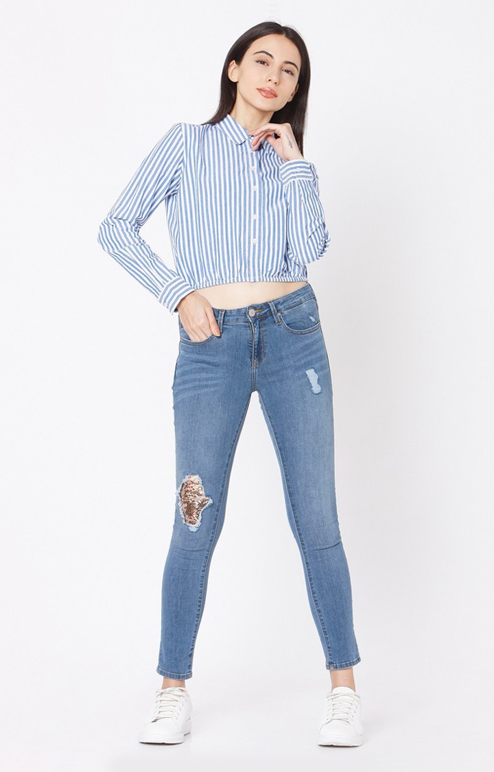 Women's Blue Cotton Striped Casual Shirts