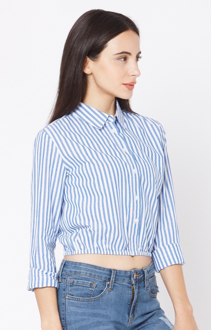 Women's Blue Cotton Striped Casual Shirts