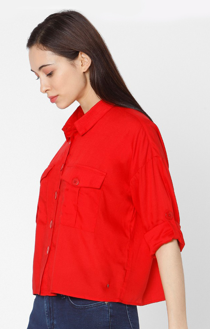 Women's Red Cotton Solid Casual Shirts