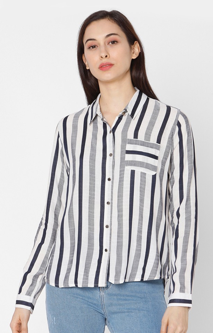 spykar | Women's White Cotton Striped Casual Shirts 0