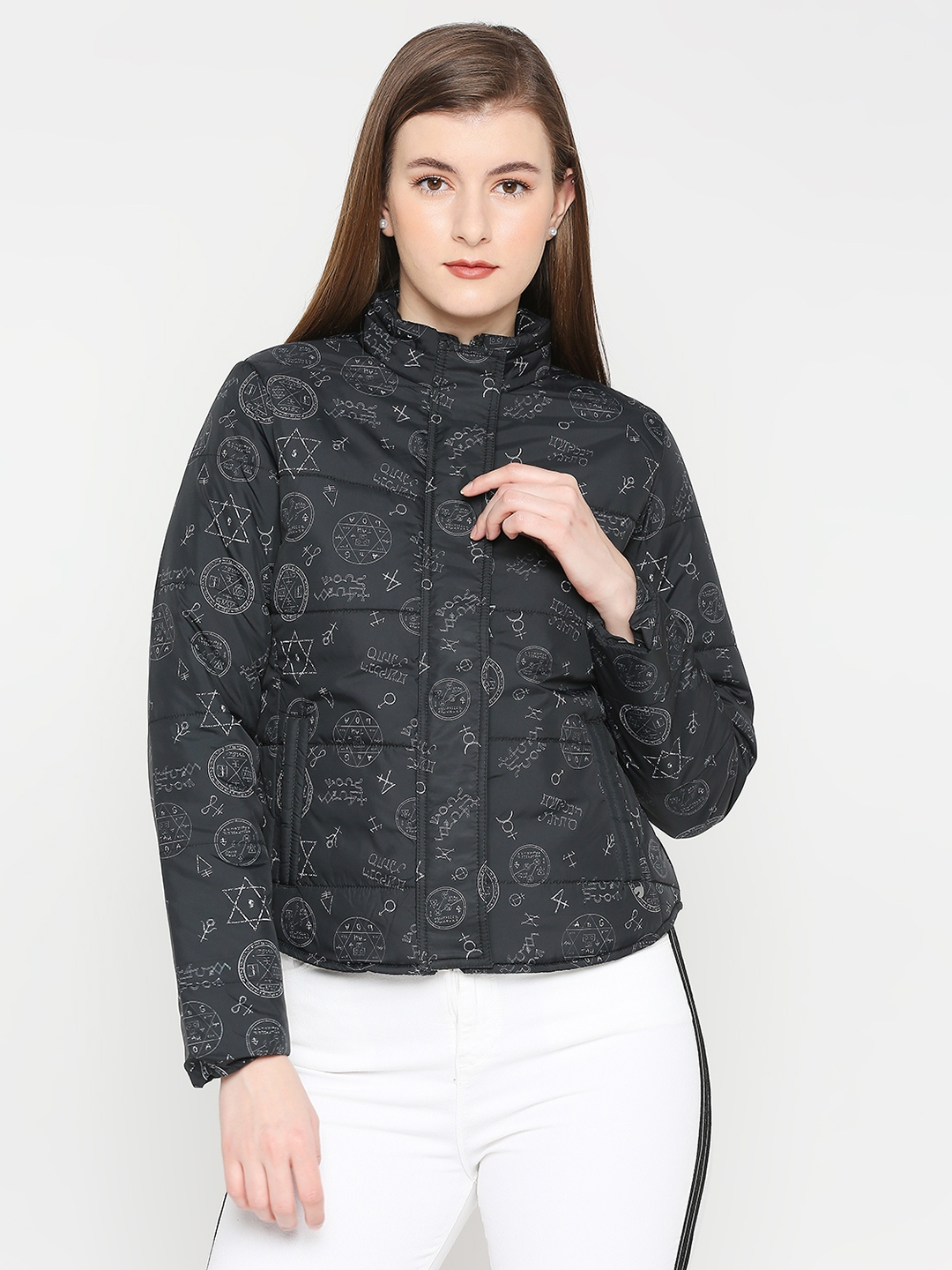 spykar | Spykar Women Black Nylon High Neck Printed Casual Jacket 0