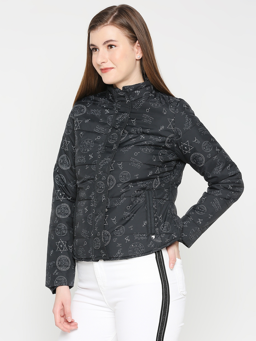 spykar | Spykar Women Black Nylon High Neck Printed Casual Jacket 1