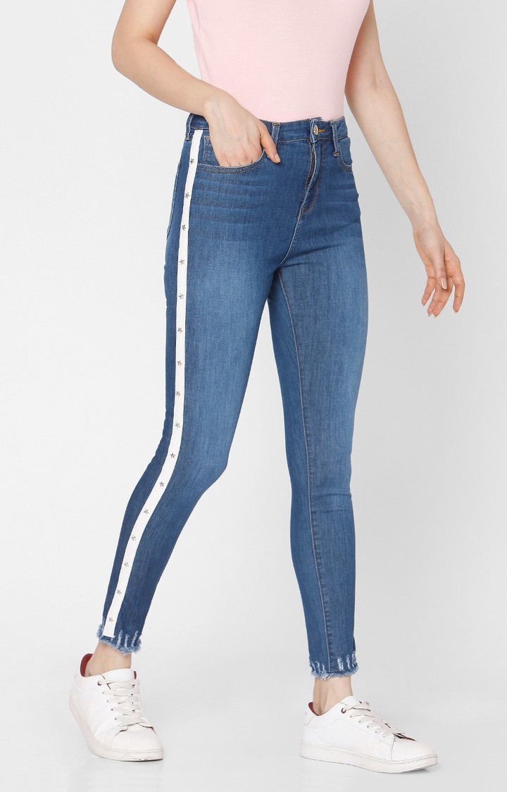 Women's Blue Cotton Solid Skinny Jeans