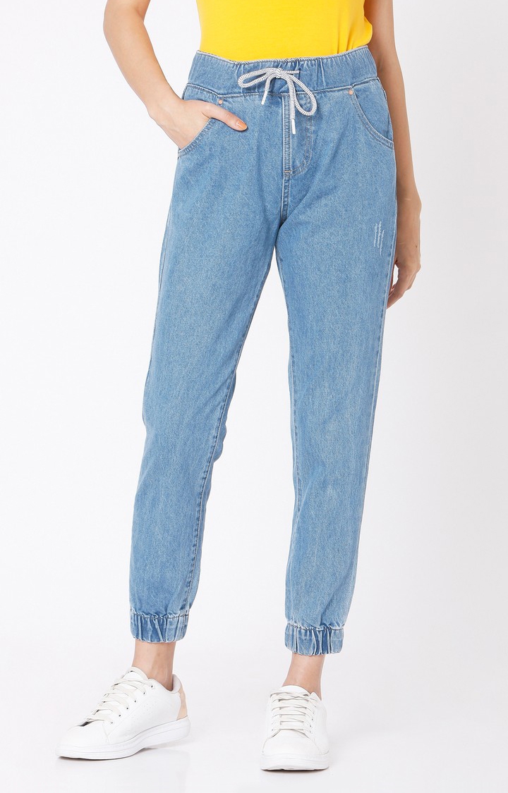 Spykar | Women's Blue Cotton Solid Joggers Jeans 0