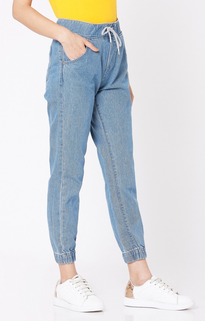 Spykar | Women's Blue Cotton Solid Joggers Jeans 3