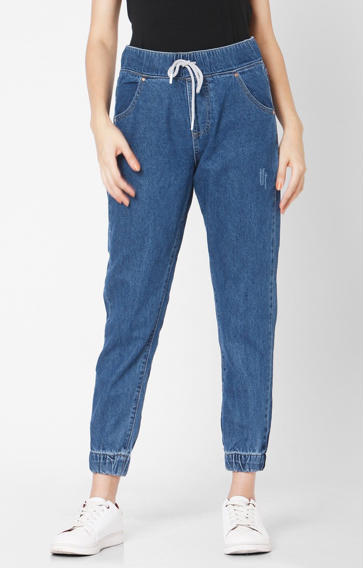 Spykar | Women's Blue Cotton Solid Joggers Jeans 0