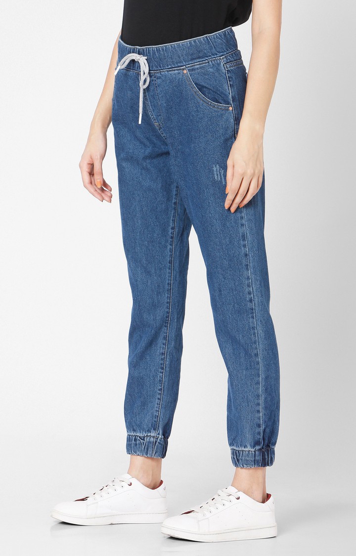 Spykar | Women's Blue Cotton Solid Joggers Jeans 2