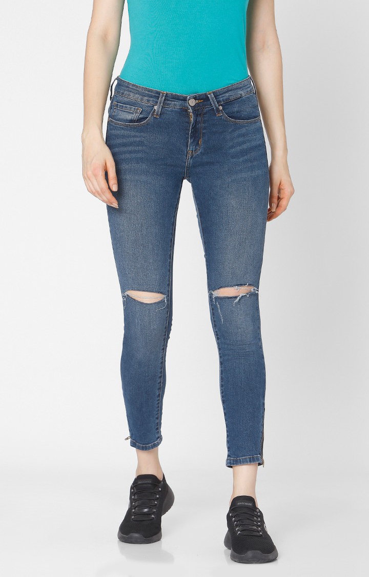 spykar | Women's Blue Cotton Ripped Ripped Jeans 0