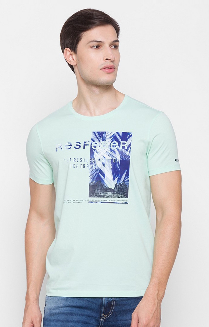 Spykar | Spykar Green Cotton Slim Fit T-Shirt For Men 0