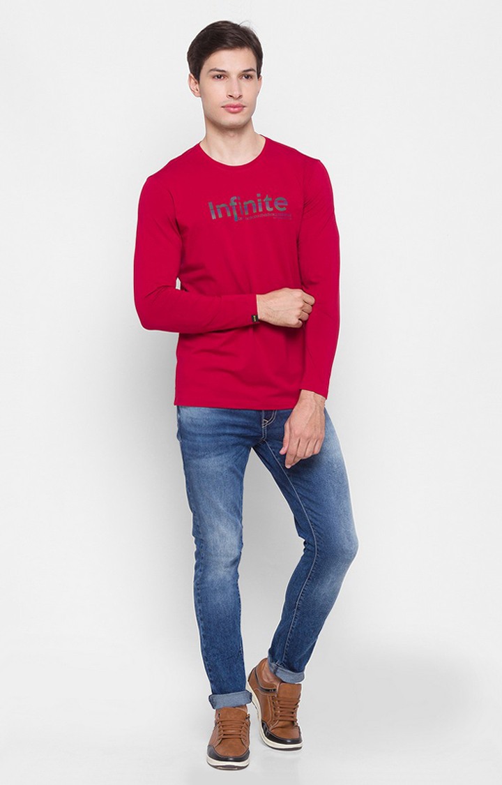 Spykar Red Cotton Slim Fit T-Shirt For Men