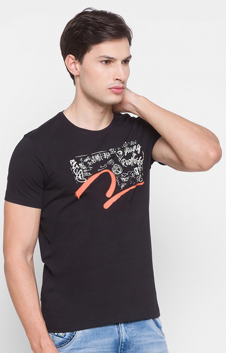spykar | Spykar Black Cotton Slim Fit T-Shirt For Men 0
