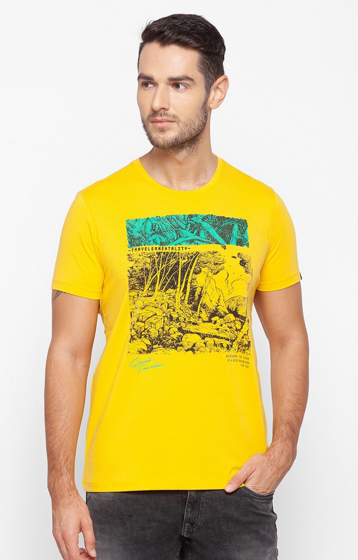 spykar | Spykar Yellow Cotton Slim Fit T-Shirt For Men 0