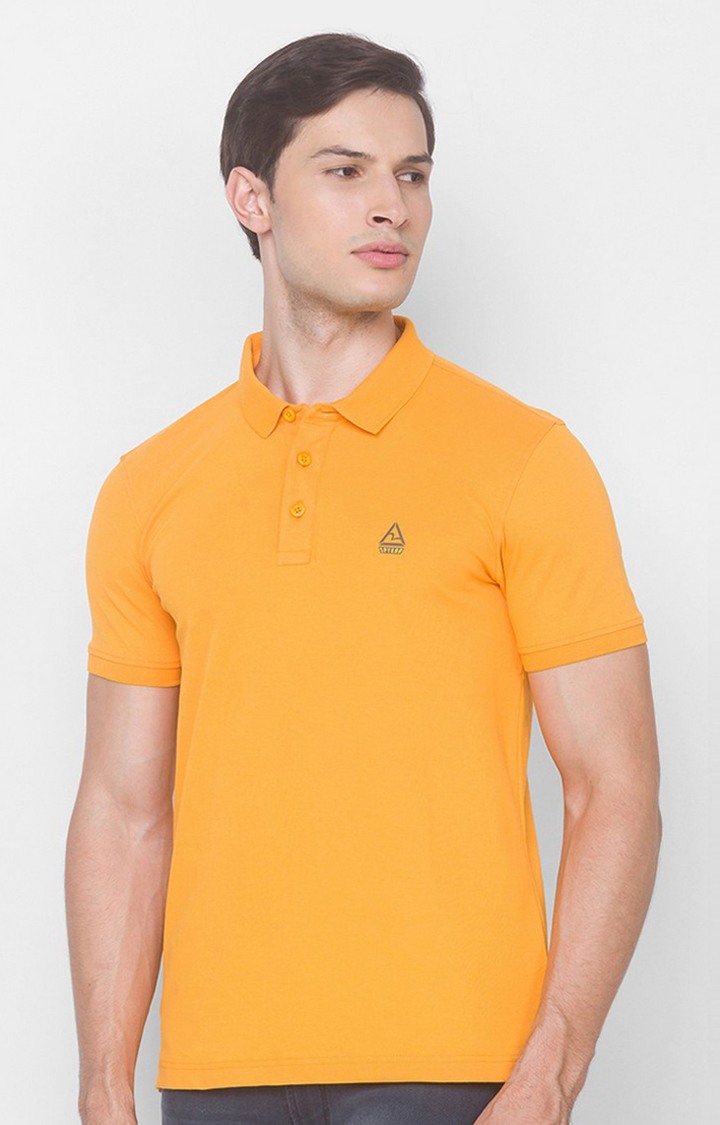 Spykar Yellow Cotton Slim Fit Polo T-Shirt For Men