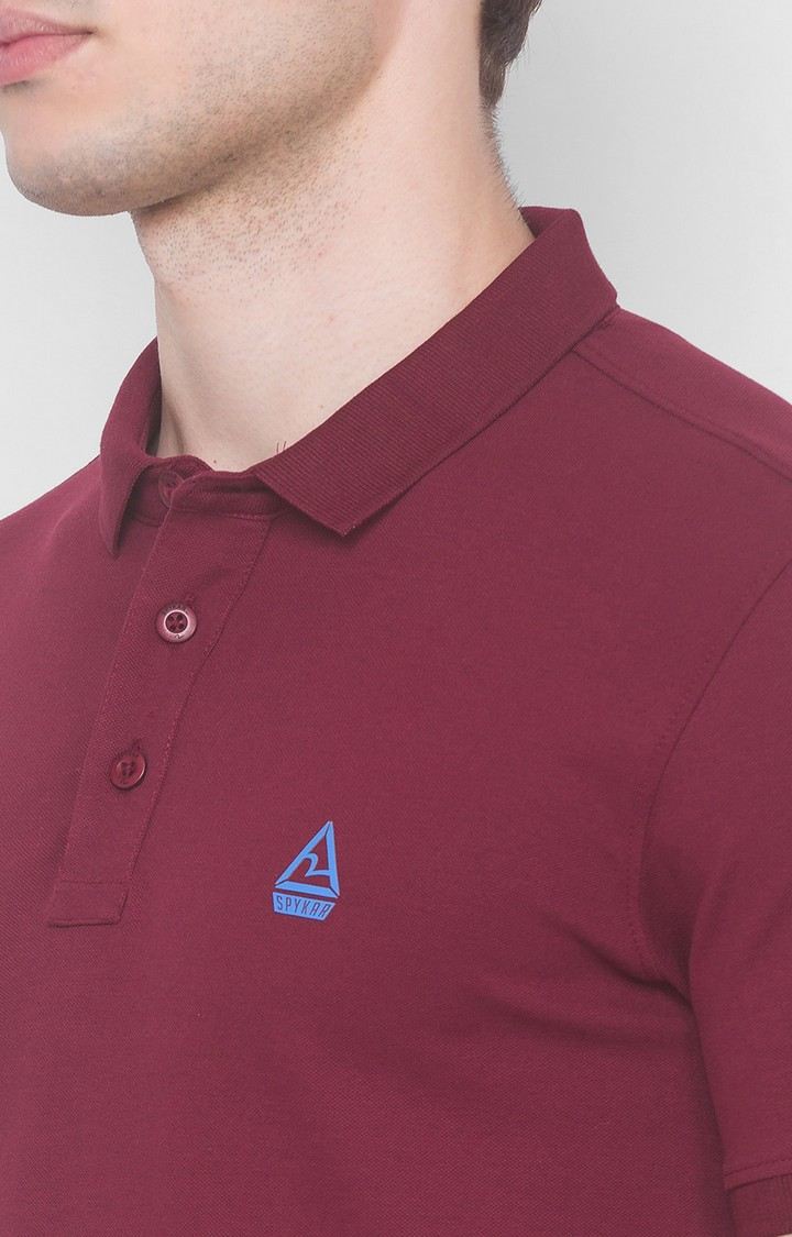 Spykar Red Cotton Slim Fit Polo T-Shirt For Men