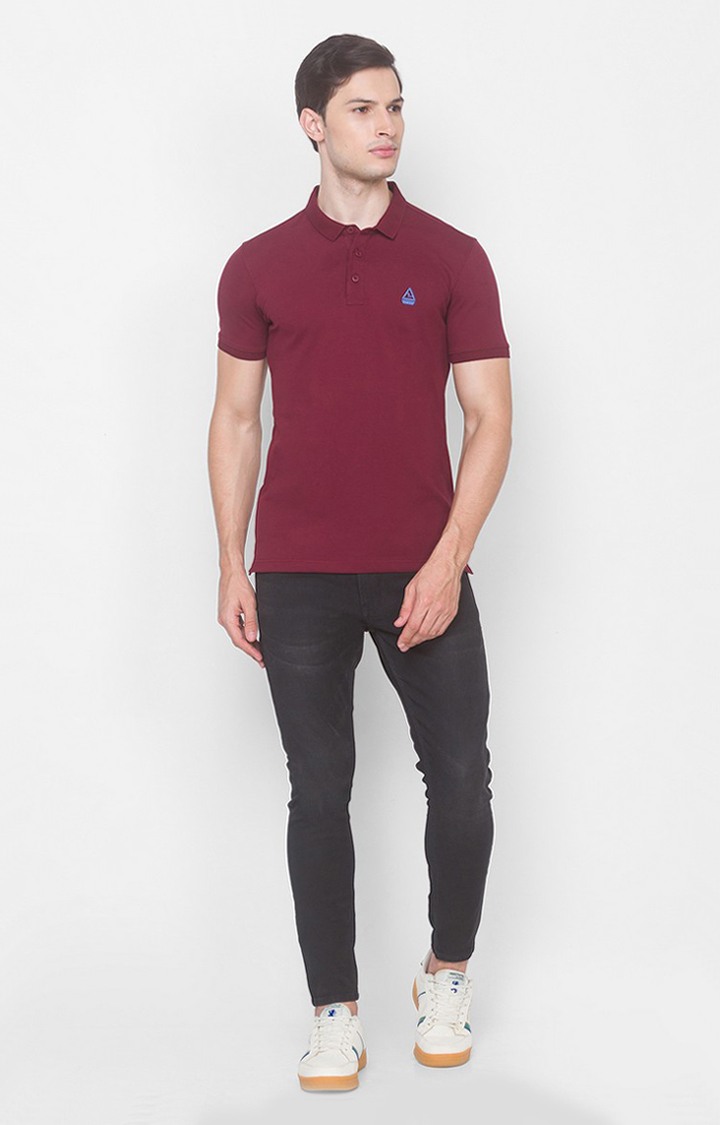 Spykar Red Cotton Slim Fit Polo T-Shirt For Men