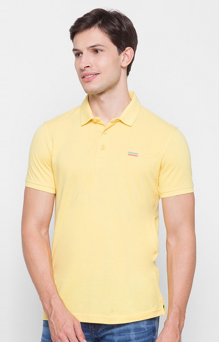 Spykar | Spykar Yellow Cotton Slim Fit Polo T-Shirt For Men 2