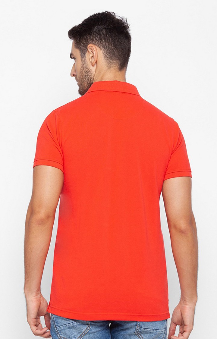 Spykar Orange Cotton Slim Fit Polo T-Shirt For Men