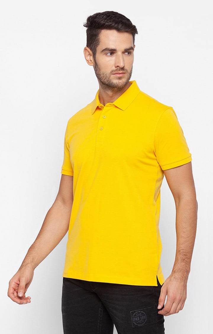 Spykar Yellow Cotton Men Polo T-Shirt