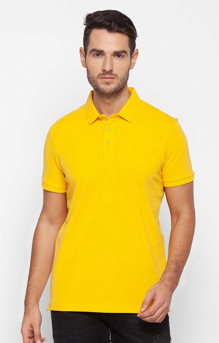Spykar Yellow Cotton Men Polo T-Shirt