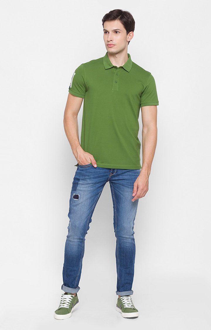 Spykar Green Cotton Men Polo T-Shirt