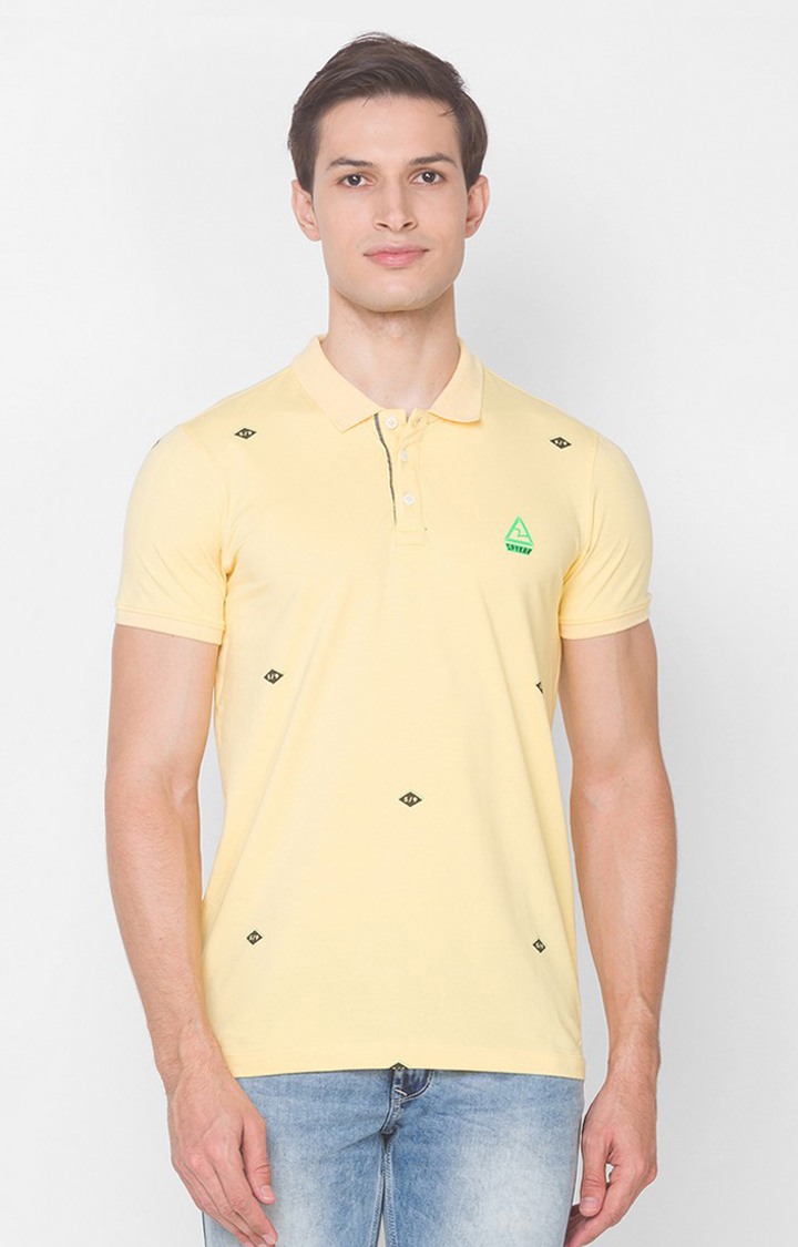 Spykar Yellow Cotton Slim Fit Polo T-Shirt For Men