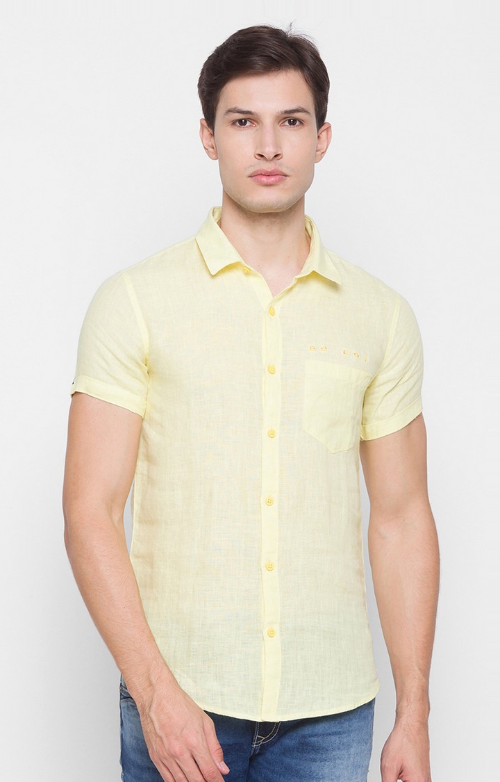 spykar | Men's Yellow Cotton Solid Casual Shirts 0