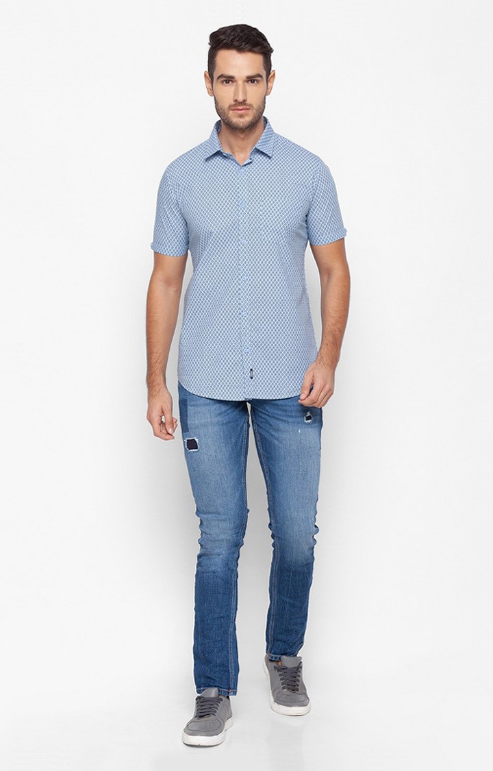 Men's Blue Cotton Printed Casual Shirts