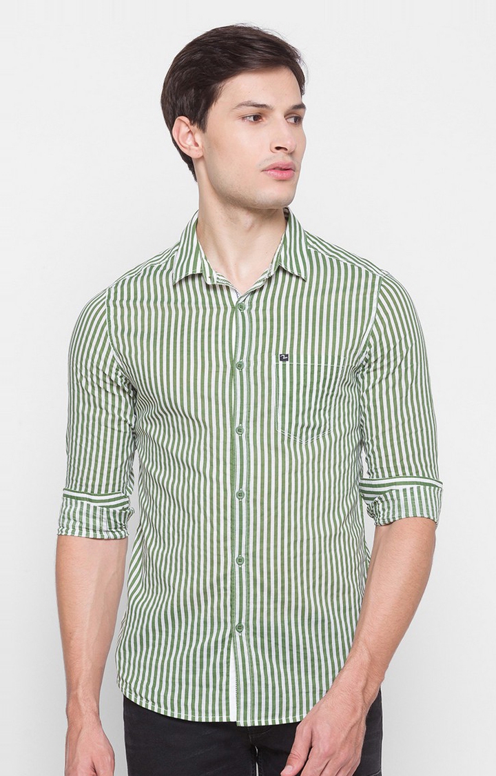 spykar | Men's Green Cotton Striped Casual Shirts 0
