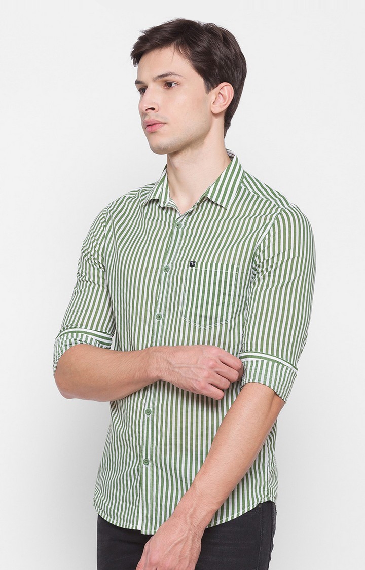 spykar | Men's Green Cotton Striped Casual Shirts 2
