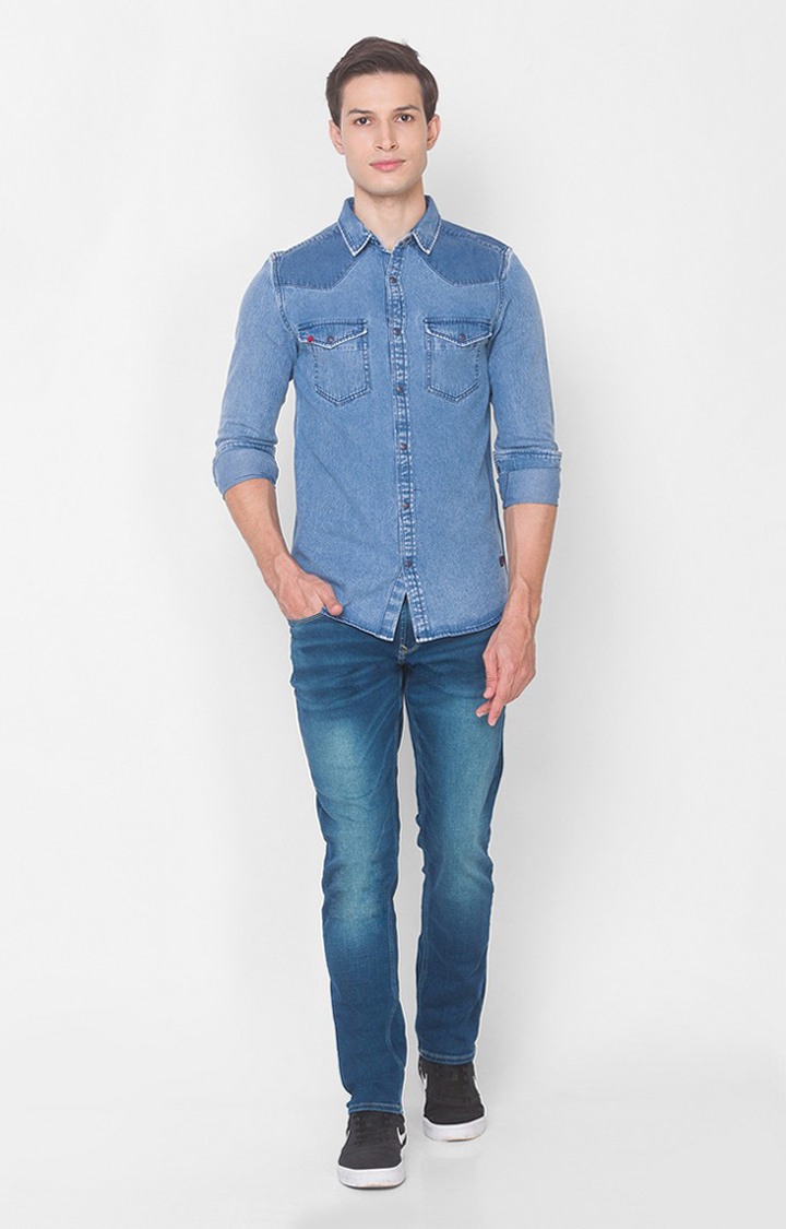 spykar | Men's Blue Cotton Solid Casual Shirts 1