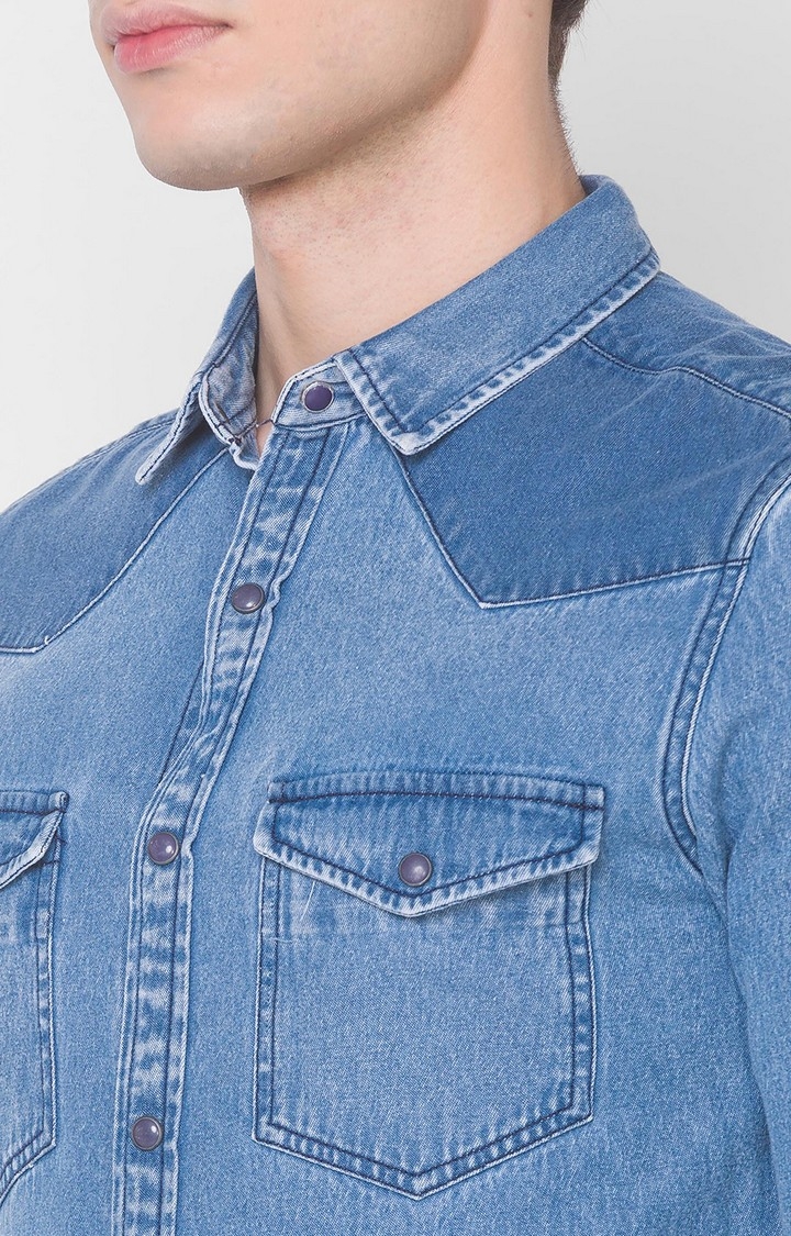 Spykar | Men's Blue Cotton Solid Casual Shirts 4