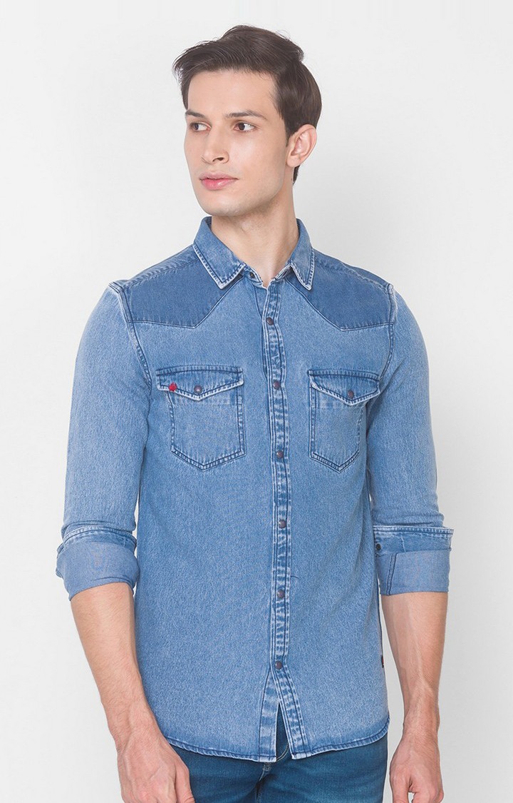 spykar | Men's Blue Cotton Solid Casual Shirts 0