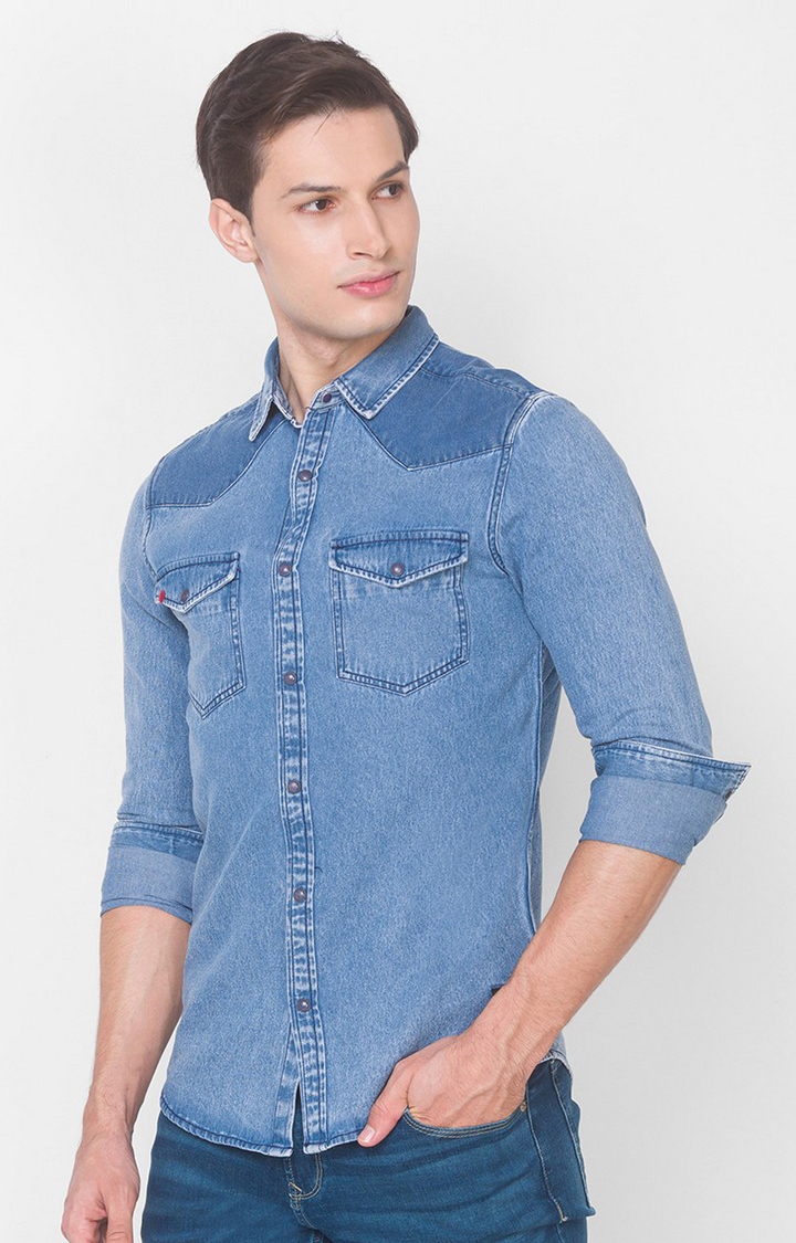 Spykar | Men's Blue Cotton Solid Casual Shirts 2