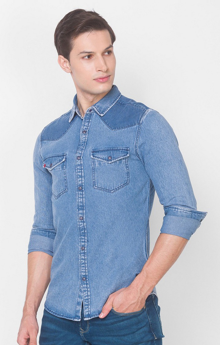 spykar | Men's Blue Cotton Solid Casual Shirts 2