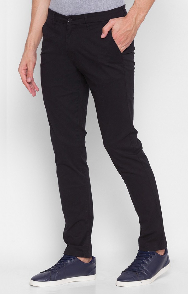Men's Black Cotton Solid Trousers