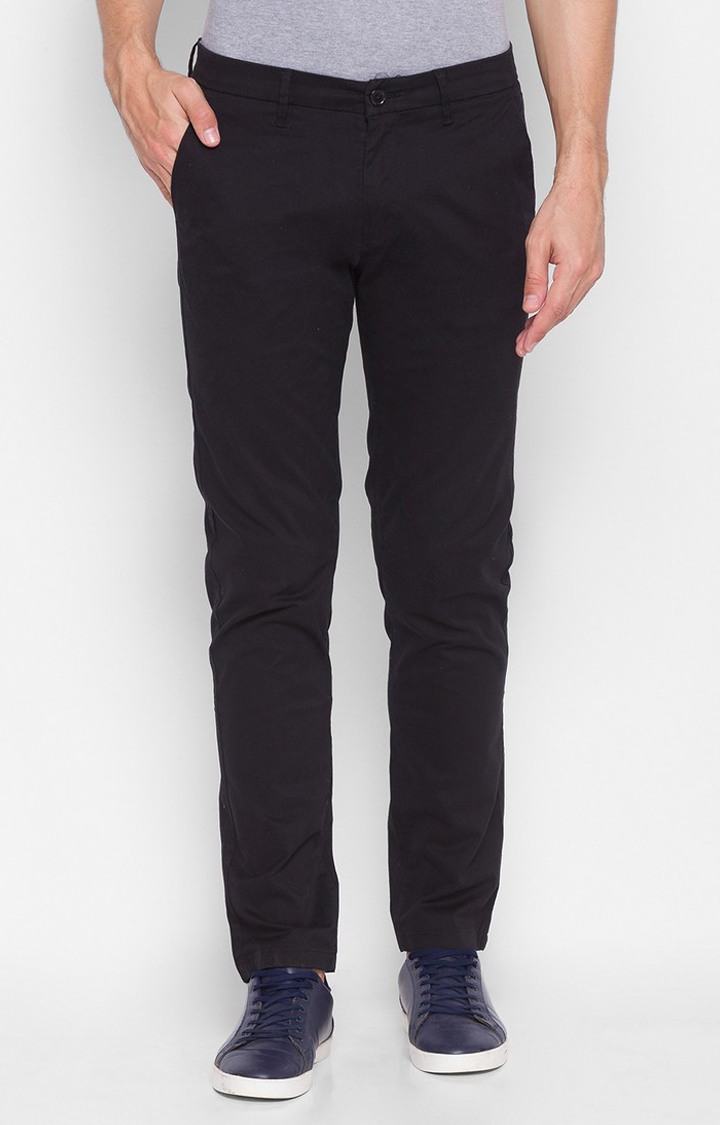Men's Black Cotton Solid Trousers