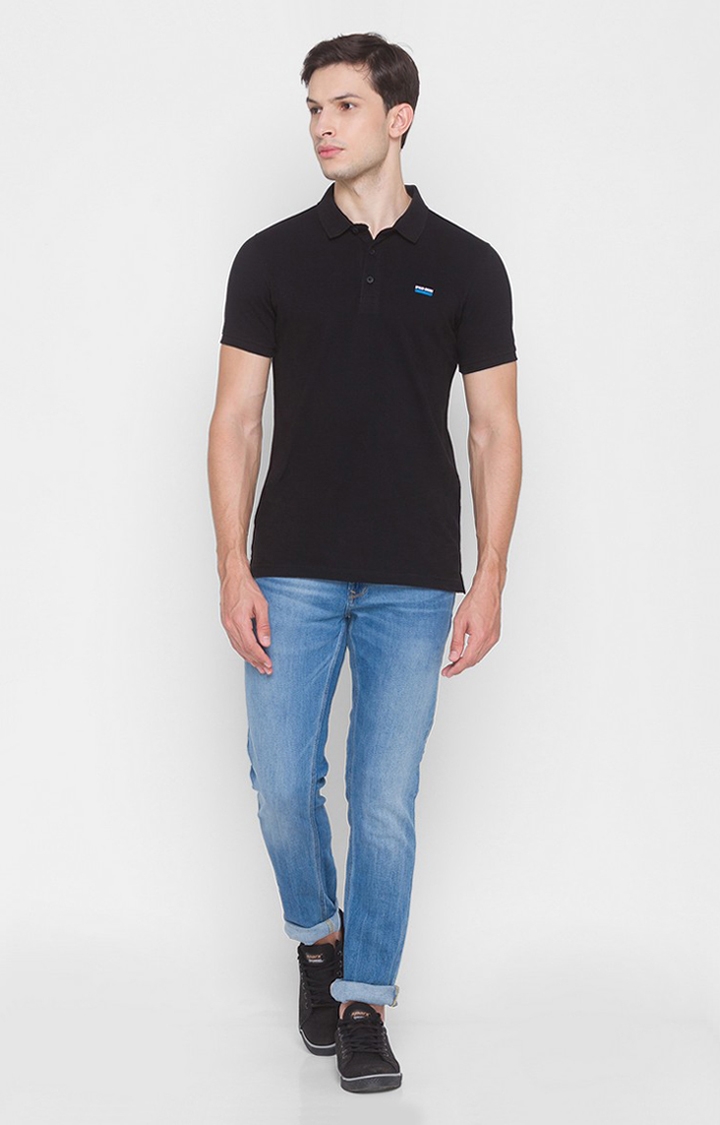 spykar | Spykar Black Cotton Slim Fit Polo T-Shirt For Men 1
