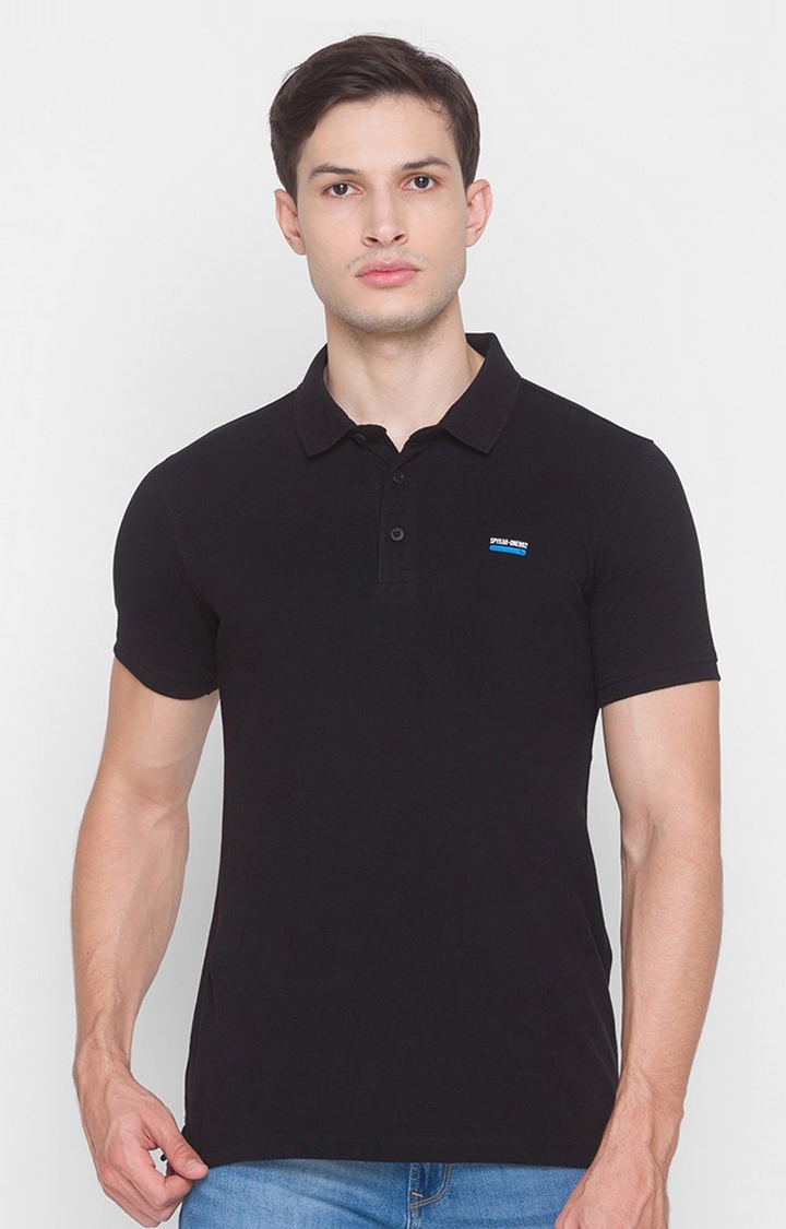 spykar | Spykar Black Cotton Slim Fit Polo T-Shirt For Men 0