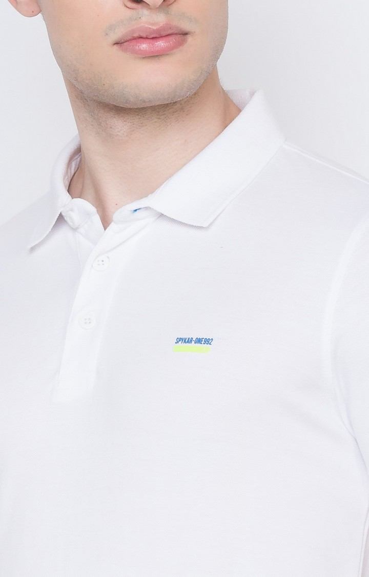 Spykar White Cotton Slim Fit Polo T-Shirt For Men