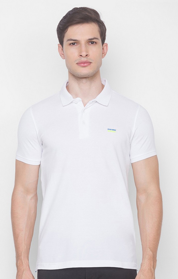 Spykar White Cotton Slim Fit Polo T-Shirt For Men